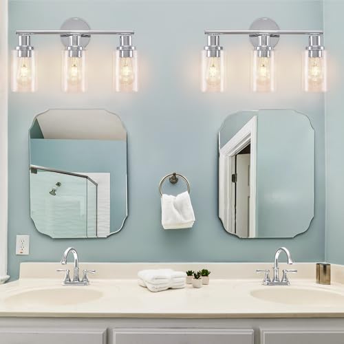 Image of DLLT 3-Light Bathroom Light Fixtures: Chrome Modern Vanity Lights with 3 E26 Bulbs - Clear Glass Shade Bathroom Wall Lamp for Mirror Kitchen Living Room Hallway Cabinet Porch
