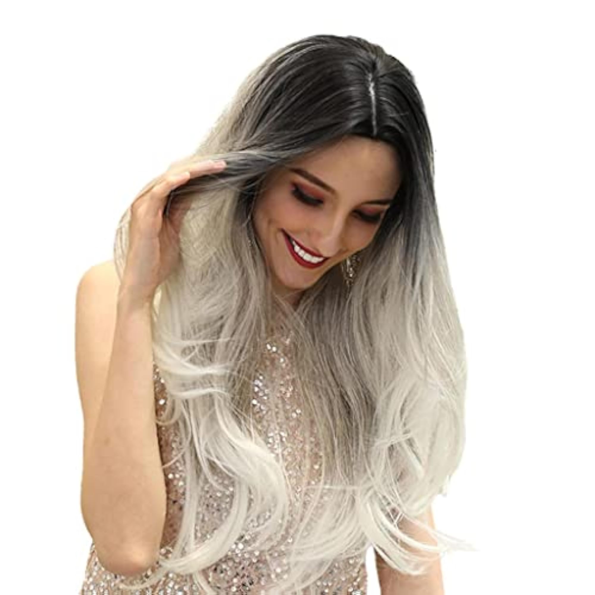Women's Black Gradient Light Gold Synthetic Long Straight Wig, 26''