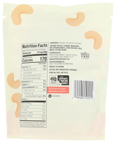 Image of 365 by Whole Foods Market, Organic Dry Roasted & Unsalted Cashews, 10 Ounce