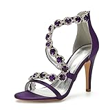Women's Bridal Wedding Sandals High Heels Crystal Satin Ankle Strap Rhinestones Zipper Back Formal Evening Prom Party Dress Shoes Pumps Dark Purple
