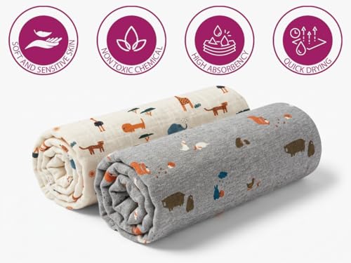 Image of Trance Home Linen Super Soft 100% Cotton Flannel Swaddle Cloth I Swaddle Wrap | Swaddle for New Born Baby |Baby Shower Set (90x90 cm, Jungle White Grey, Pack of 2)