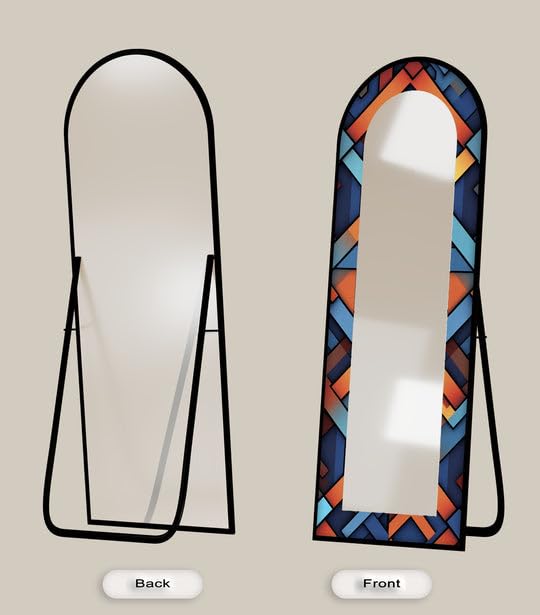 Specchio da pavimento con motivo geometrico, lunghezza intera, 50,8 cm di larghezza x 160 cm di altezza, specchio da pavimento ad arco con cornice nera e cornice dorata