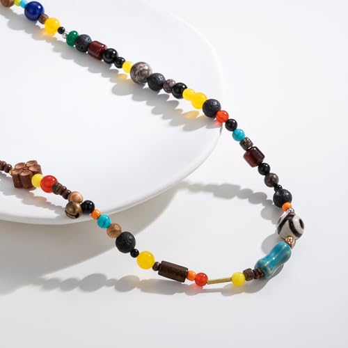 90s Beaded Necklace Color Surfer Crystal Stone Gemstone Wooden Bead Britpop Summer Choker Necklace for Men Women4