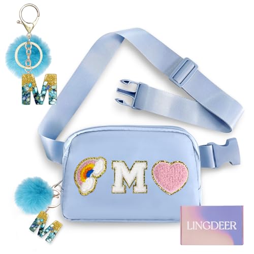Lingdeer Personalized Belt Bag with Keychain, Fanny Pack for Girls Women, Initial Birthday Gifts for Teen Girls Mom, Crossbody Bag, Small Waist Packs, Travel Essential Preppy Gifts (Blue M)