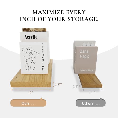 Image of 16 Inch Extra Deep Floating Shelves Set of 2-12 inch Wide Solid Paulownia Wood Wall Mounted Shelves, Natural Wood Finish, Heavy Duty Long Display Ledge for Kitchen, Living Room & Home Office