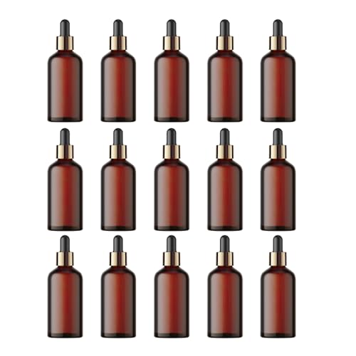 Image of Tattvalogy Amber Color Round Empty Glass Bottle With Black Dropper | For Essential Oils , Diy Skin Care , Cosmetics, Bottle | Refillable Travel Size Cosmetic Container | Set of 15 pcs - 100 ml Each