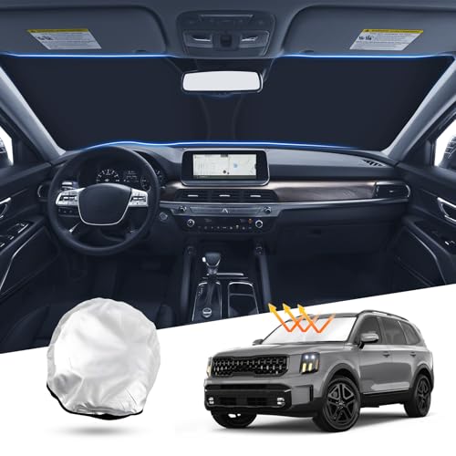 Image of T TGBROS Windshield Sun Shade Custom Fit for 2020-2023 2024 2025 Kia Telluride Accessories Foldable Sun Shield Reflective Polyester Sun Visor Cover Block Heat and Sun Protection