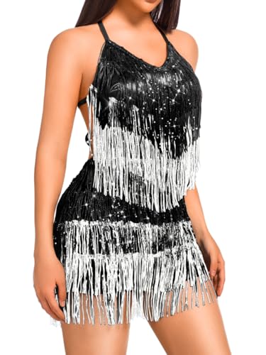 Image of Kaei&Shi Sequin Fringe Romper,Sparkly Glitter Metallic Jumpsuits For Women,Backless Shorts Dress Disco Birthday Dance Outfit