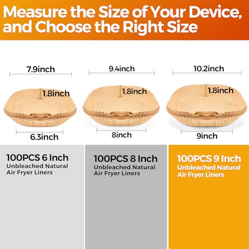 Vailnd Air Fryer Liners Disposable, 100Pcs 9 Inch Max Xl Large Cooker Airfryer Paper Liners, Oil Proof Parchment Sheets Square Basket Baking Liner for 8/10/11/12 QT Air Fryer Microwave