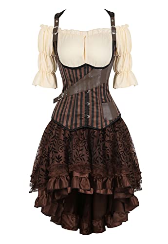 frawirshau Steampunk Costume Women Adult Steampunk Corset Dress Plus Size Strap Corset with Skirt and Pirate Blouse Set Brown 7XL