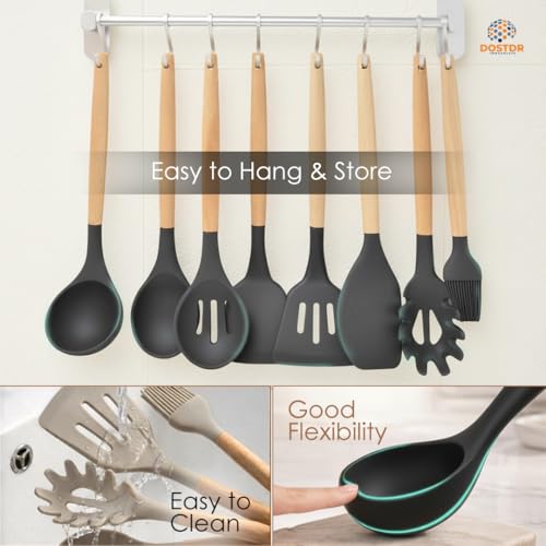 12 Piece Silicone Kitchen Cooking Spoon Set Wooden Handle & Holder - Small by DOSTDR - Used condition - Image 5