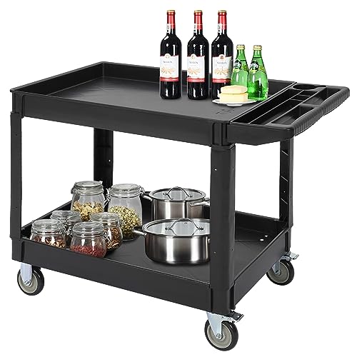 2-Tier Utility Cart with 2 Shelves, 500 lbs Capacity, Heavy Duty Utility Service PP Cart with Rolling Wheels & Storage Handle for Warehouse, Garage, Industrial and Commercial Use