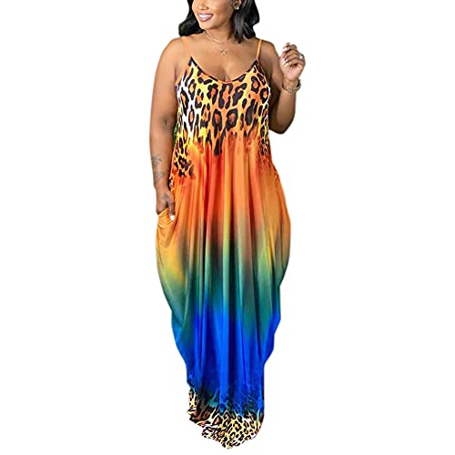 Image of BFFBABY Womens Summer Suspender Maxi Dress Plus Size Striped Printed Sleeveless with Pockets and Belt
