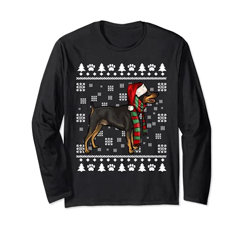 Miniature Pinscher Dog Santa Hat Xmas Ugly Christmas Long Sleeve T-Shirt, Black