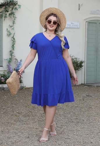 Image of Celkuser Plus Size Casual Wrap V-Neck Ruffle Short Sleeve Midi Dress for Curvy Women with Pocket Spring and Autumn Dress