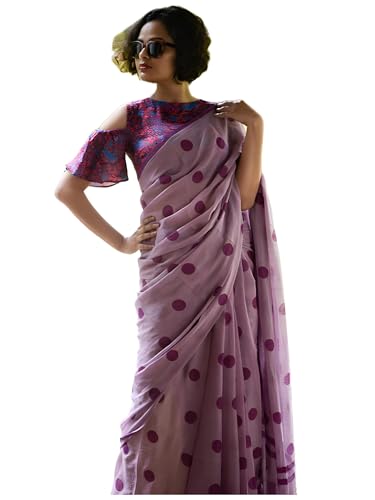 Image of Sidhidata Women's Polka Dot Printed Linen Cotton Saree With Unstitched Blouse Piece (Laddu Free Size)