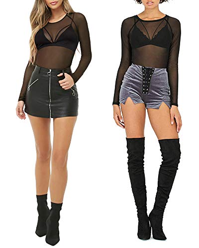 Women's Short Sleeve/Long Sleeve Bodycon Clubwear Sheer Pure Mesh Tops T Shirts (0-1028 (Black), Large)