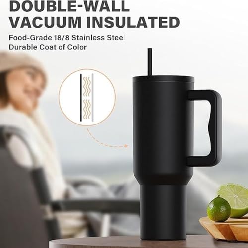 Image of Stainless Steel 1200 ml Vacuum Tumbler with Lid & Straw - Double‑Wall Insulated Cup for Travel, Gym & Office - Keeps Beverages Hot or Cold - 1.2 L Capacity (Plain Black)