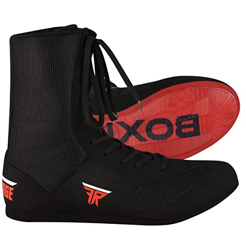 FISTRAGE Leather High and Top Kick Boxing Shoes Fighting Sports Training Mesh Unisex Pro Men's and Youth Light Weight | Black Color Boxing Shoes for Adults