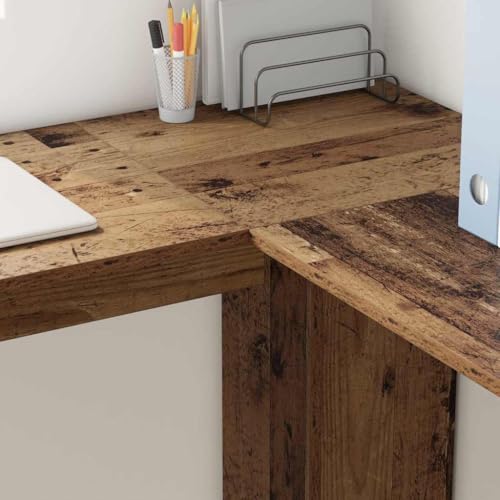 Bureau d'angle ergonomique en bois vieilli pour optimiser le rangement et le télétravail