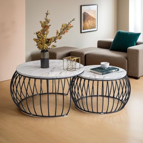 Image of Elegant Round Coffee Table Set of Two for The Home Nesting Tables Waterproof Tea Table with Marble Top Finish (White Black)