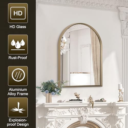 Image of Arch Bathroom Mirror, 20 inchx16 inch Wall Mounted Mirror, Arched Vanity Wall Mirror Metal Frame Home Decor for Bedroom, Entryway, Living Room