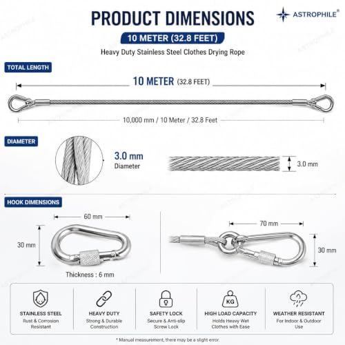 Image of Heavy Duty Clothes Drying Rope 5 Meter with Hooks | Strong Steel Clothesline for Balcony, Bathroom, Travel & Camping | Rust-Resistant Durable Cloth Line for Indoor & Outdoor Use (Silver), free