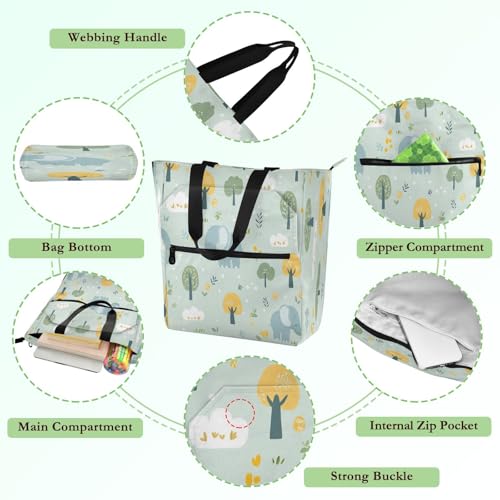 Cute Elephant and Clouds Book Tote Bag,Large Capacity Handbag with Zipper Perfect for School,Travel,Shopping3