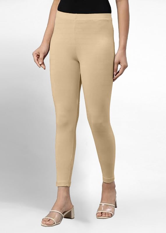 Image of TRENDMALLS Women's Super Combed Cotton Elastane Stretch Ankle Length Leggings with Ultrasoft Waistband Beige