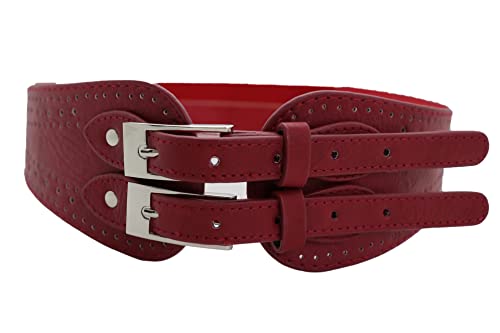 Women Fashion Stretch Belt Waist Hip Silver Metal Double Buckle Faux Leather Fit Size S M Red Color