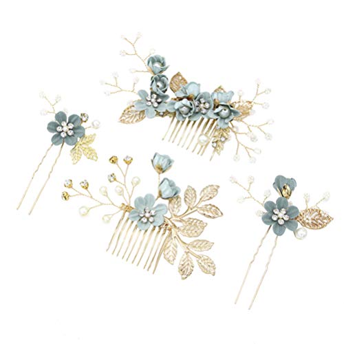 Toyvian Wedding Hair Comb Set 4Pcs Floral Bridal Headpiece Rhinestone Hair Accessories for Bridesmaids and Brides Green Styling Clips