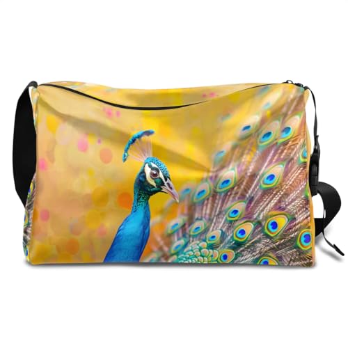 Leather Travel Duffle Bag for Women Men, Beautiful Peacock Small Sports Gym Bag Weekender Overnight Bags Underseat Carry on Luggage Bags for Airplanes, Personal Item Travel Bag,A-014