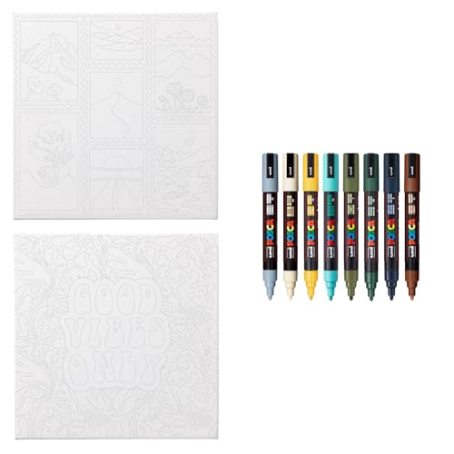 Image of POSCA Canvas Paint by Number Kit, Boho - 8 Acrylic Markers with 2 Pre-Drawn Canvases - Gift Set for Artists, Adults and Kids