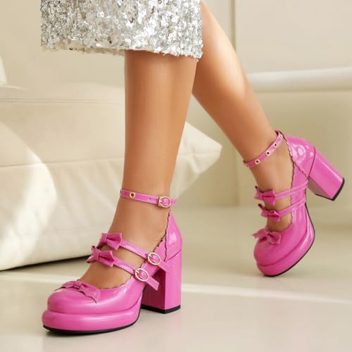 Alyaafifa Chunky High Heel Bow Pumps for Women Platform Round Toe Ankle Strap Mary Jane Patent Leather Dressy Shoes Stylish Cute Party Prom Wedding Club Ballroom4