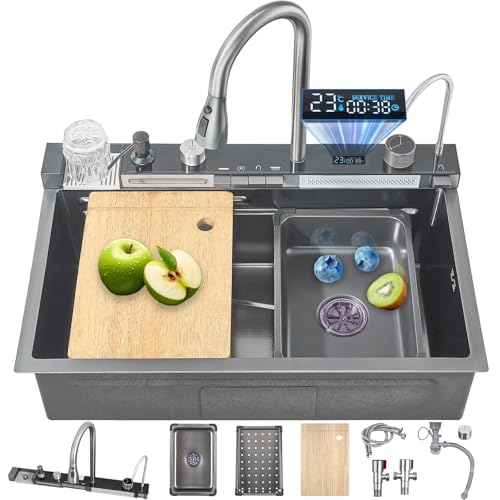 FGNIXLN 80 cm lava-louças cozinha em cascata inteligente multifuncional de aço inoxidável com ecrã digital, torneira integrada, lava-loiças, dispensador de sabão e conjunto de acessórios para