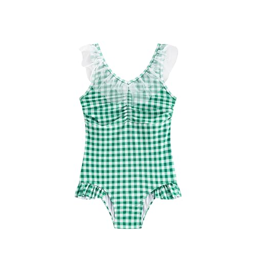 LIZENS Girls One Piece Swimwear Cute Lace Ruffle Checkered Bathing Suit for Kids