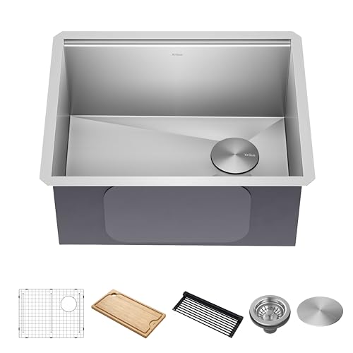 KRAUS Kore 17-Inch Undermount Workstation 16 Gauge Single Bowl Stainless Steel Bar Kitchen Sink with Accessories, KWU111-17