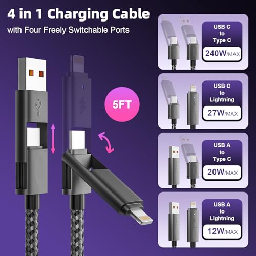 Image of USB A /C 240w Fast Charging Cable, 4 in 1 USB C Multi Charging Cable | USB Cable to USB C /Lightning Cable, Braided USBC Cable, Charger Cord Type C for iPhone 17 /16 /15,Galaxy Series and More