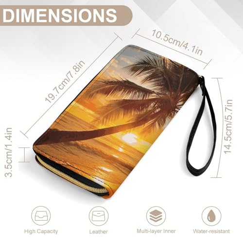 Tropical Beach Palm Tree Sunset Leather Wallet Smooth Zip Around Clutch Wristlet Travel Long Soft Purse for Women2