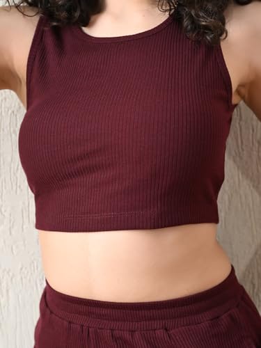 Image of Women's Maroon Ribbed Sleeveless Co-ord Set | Stylish Crop Top & High-Waist Pants