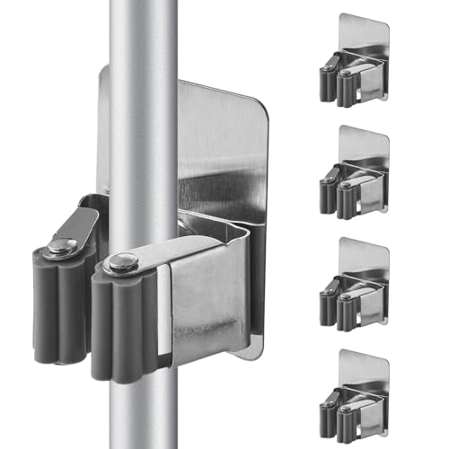 Cokshy Appendi Scopa da Muro, 4 Pezzi Porta Scope Parete in Acciaio Inossidabile Portascope da Muro Adesivo Appendibile Senza Perforazione per Cucina Bagno Ripostiglio Giardino Garage (Grigio Chiaro)