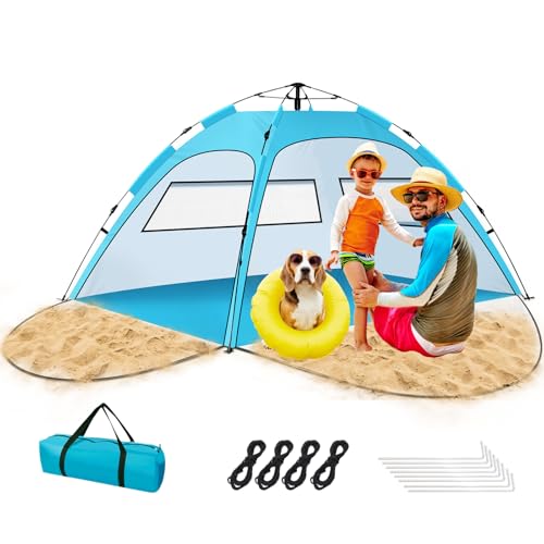 Beach Tent Large 3-4 Person, Pop Up Beach Tents with Two Doors & Two Windows for Adults and Kids, Portable Automatic Instant Sun Shelter Tent UV 50+ UPF50+, Beach Tent Pop Up for Garden Picnic