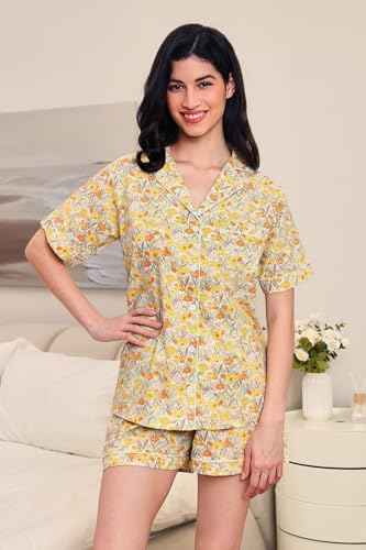 Image of LUBOT 100% Cotton Women's Pajamas Set Button-Down Two-piece PJ Set Short Sleeve Printed Patterned Summer Sleepwear Loungewear (Yellow Flower, 2XL)