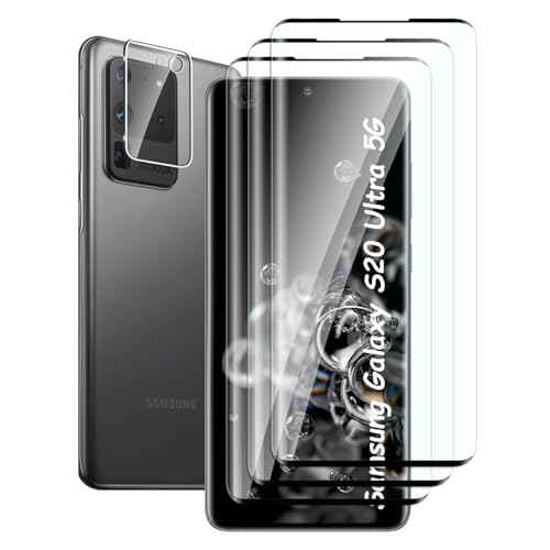 Fyqzio [3+1 Piezas Cristal templado compatible con Samsung Galaxy S20 Ultra 5G y protector de pantalla de cámara,sin burbujas,dureza 9H,antiarañazos,3D Cobertura Completa,HD protector de pantalla