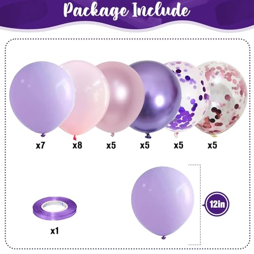 Pastel Pink and Purple Balloons, 12 Inch Light Purple Baby Pink Confetti Balloons with Metallic Lilac Latex Balloon Set for Girls Women Butterfly Birthday Baby Bridal Shower Wedding Party Decorations - Image 4