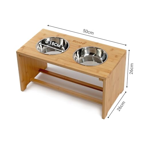 lionto erhöhter Hundenapf aus robustem & pflegeleichtem Bambus, 50x26x26 cm, doppelter Futternapf für Hunde & Katzen, 2 Edelstahlnäpfe Ø 18 cm & je 1,2 L Fassungsvermögen, rutschfest & gelenkschonend