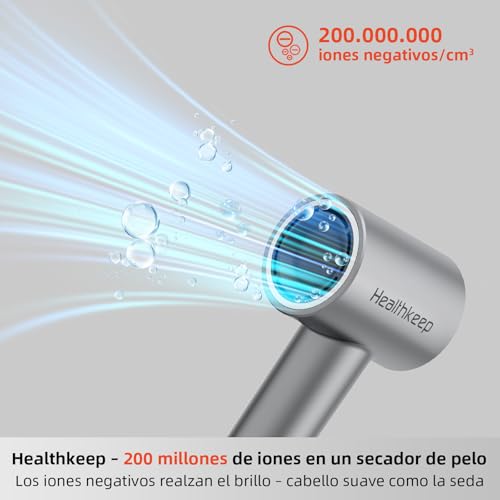 Secador de pelo Healthkeep de 1500 W, 110 000 rpm, 20 m/s, tecnología iónica de 200 m, silencioso (<78 dB), incluye 2 accesorios de peinado. - imagen 2
