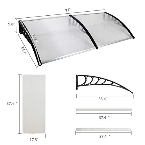 Window Awning Door Canopy, Outdoor Polycarbonate Cover Outdoor Front Door Patio Canopy Uv Rain Snow Sunlight Protection (80" X 40", White Canopy/Black Bracket) #TOP1