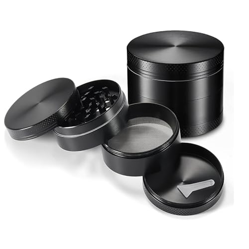 Four Piece Black Premium Zinc Alloy Herb Grinder with Sifter and Magnetic Top - 2.15 Inches (55mm) for Dry Herb Spices Portable