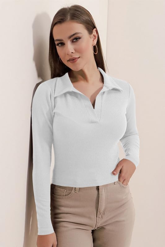 Image of Dream Beauty Fashion Women's Collared Neck Long Sleeve Slim Fit Casual Tee Top, 23 inch inches (Apple-01-P)